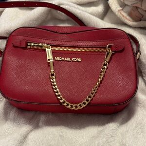 Michael Kors Cherry Red Crossbody Bag with Gold Chain